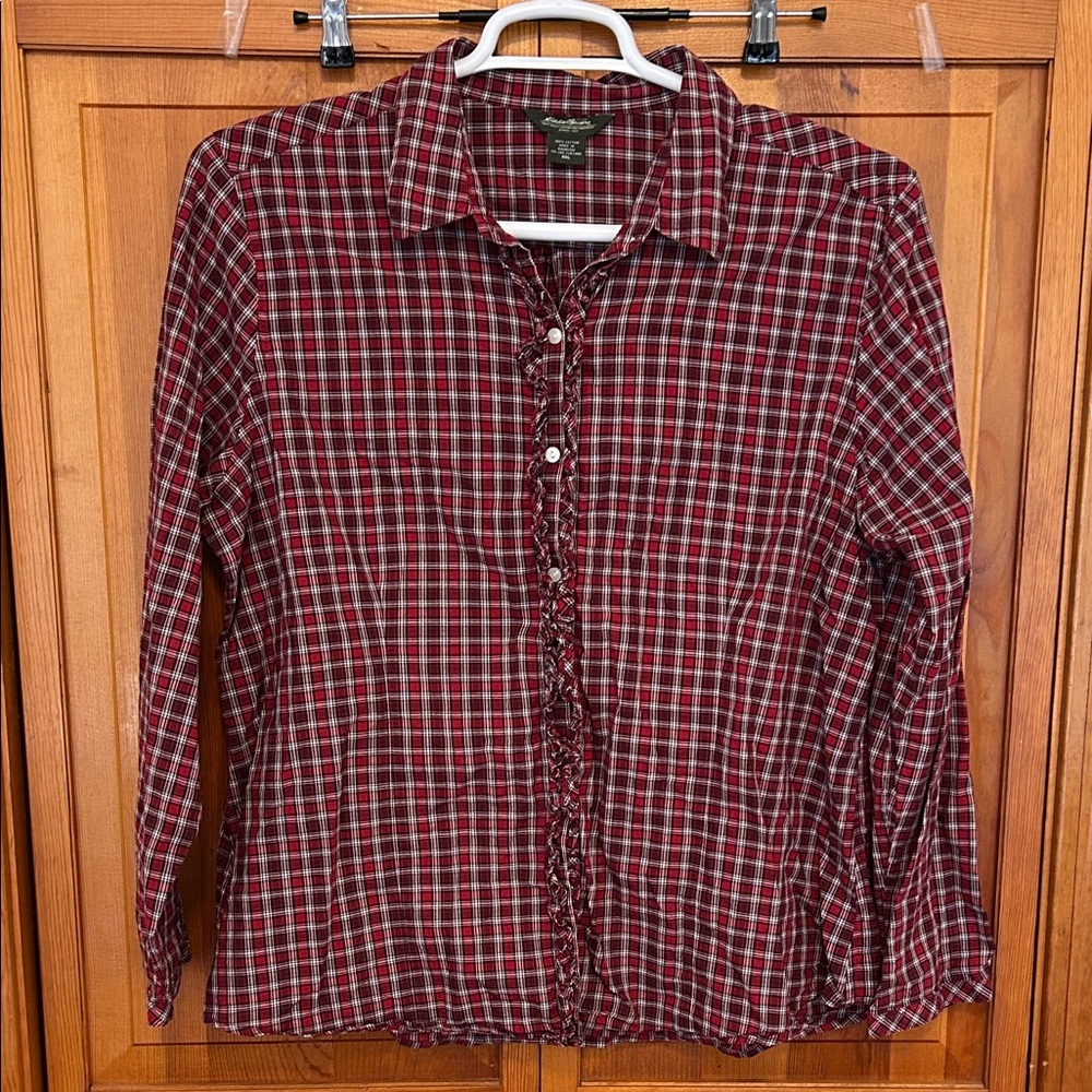 Eddie Bauer Red Plaid Ruffle‑Front Shirt XXL EUC Cotton Button‑Down